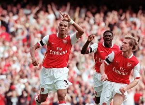 Images Dated 19th August 2006: Gilberto celebrates scoring Arsenal goal with Alex Hleb and Kolo Toure
