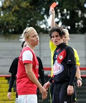 Images Dated 11th November 2010: Gilly Flaherty (Arsenal) is shown the Red Card. Arsenal Ladies 4: 1 Rayo Vallecano