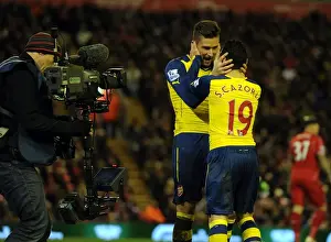 Liverpool V Arsenal 2014/15 Prints: Giroud and Cazorla Celebrate Arsenal's Winning Goals Against Liverpool (2014/15)