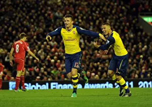 Liverpool V Arsenal 2014/15 Prints: Giroud and Gibbs Celebrate Arsenal's Winning Goals Against Liverpool (2014/15)