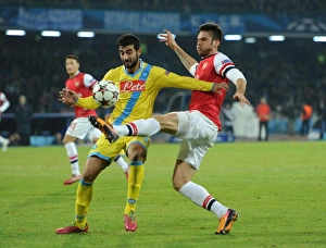 Napoli V Arsenal 2013-14 Prints: Giroud vs. Albiol: Tense Moment in Napoli vs. Arsenal UEFA Champions League Clash
