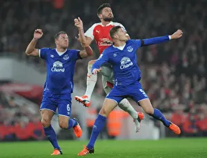Arsenal V Everton 2015/16 Prints: Giroud vs Jagielka & Stones: Intense Face-Off Between Arsenal's Star Striker and Everton's Defenders