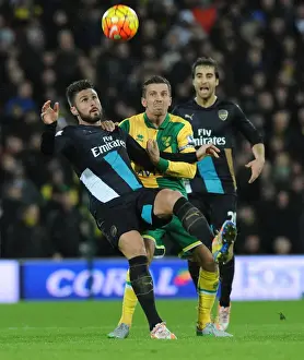 Norwich City V Arsenal 2015-16 Prints: Giroud vs. O'Neil: A Premier League Battle at Carrow Road