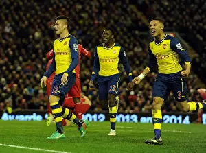 Liverpool V Arsenal 2014/15 Prints: Giroud, Welbeck, and Gibbs Celebrate Arsenal's Goals Against Liverpool (2014/15)