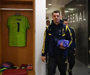 Granit Xhaka in Arsenal Changing Room Before Arsenal v Olympiacos UEFA Europa League Match