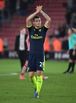Images Dated 10th May 2017: Granit Xhaka Celebrates with Arsenal Fans after Southampton Victory, 2016-17 Premier League