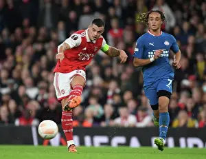 Arsenal V PSV Eindhoven 2022-23 Prints: Granit Xhaka Takes On Xavi Simons: Arsenal vs PSV Eindhoven, UEFA Europa League 2022-23