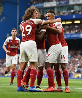 Chelsea v Arsenal 2018-19 Collection: Guendouzi and Aubameyang Celebrate Arsenal's Goals Against Chelsea (2018-19)