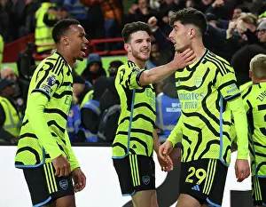 Havertz, Rice, and Magalhaes Celebrate Arsenal's Goal Against Brentford (2023-24)