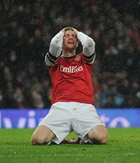 Arsenal V Cardiff City 2013-14 Prints: Heartbreaking Miss: Per Mertesacker's Agonizing Header at Arsenal vs. Cardiff City