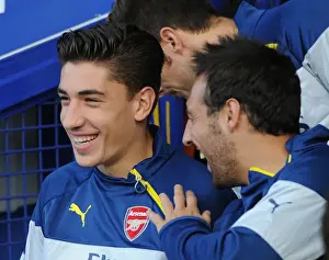 Everton V Arsenal 2014/15 Prints: Hector Bellerin and Santi Cazorla on the Arsenal Bench: Everton vs Arsenal