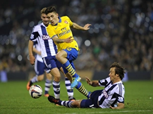West Bromwich Albion V Arsenal 2013-14 - Capital Cup Prints: Hector Bellerin vs Diego Lugano: Intense Clash in the Capital One Cup between West Bromwich Albion and Arsenal