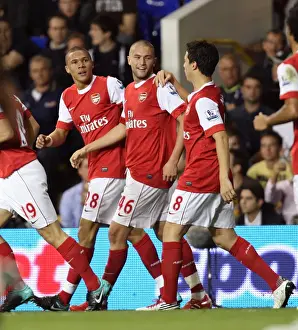 Henri Lansbury celebrates scoring Arsenals 1st goal with Kieran Gibbs