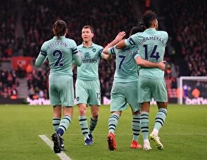 Images Dated 16th December 2018: Henrikh Mkhitaryan celebrates scoring his and Arsenals 1st goal with Pierre-Emerick