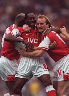 Images Dated 8th April 2005: Ian Wright celebrates scoring for Arsenal with John Hartson and Paul Merson