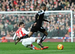Arsenal V Leicester City 2015-16 Prints: Intense Battle: Coquelin Stops Mahrez in Arsenal vs Leicester Premier League Clash