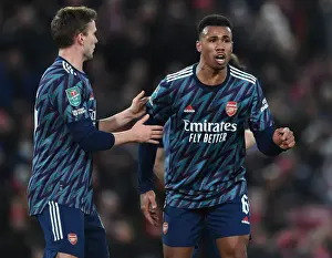 Liverpool V Arsenal Carabao Cup 21-22 Prints: Intense Face-Off: Arsenal's Holding and Gabriel Go Head-to-Head in Carabao Cup Semi-Finals vs