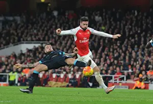 Arsenal V Manchester City 2015-16 Prints: Intense Rivalry: Giroud vs. Otamendi Clash in Arsenal vs