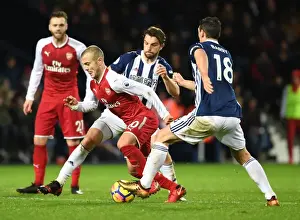 West Bromwich Albion V Arsenal 2017-18 Prints: Jack Wilshere Clashes with Jay Rodriguez and Gareth Barry in West Bromwich Albion vs Arsenal Premier League Match