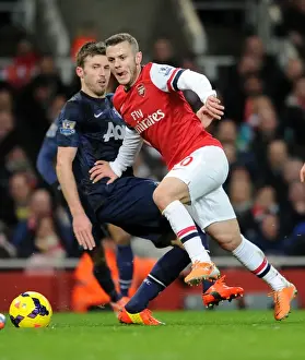 Arsenal V Manchester United 2013-14 Prints: Jack Wilshere Outmaneuvers Michael Carrick: Arsenal vs Manchester United