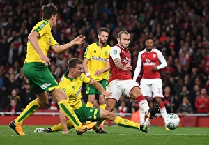 Arsenal V Norwich - Carabo Cup 4th Round 2017-18 Prints: Jack Wilshere vs. Christoph Zimmermann: Intense Moment at the Emirates - Arsenal v Norwich Carabao Cup 2017-18