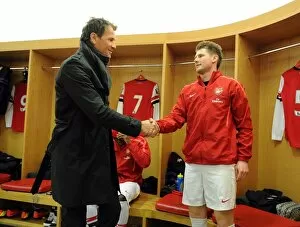 Images Dated 25th March 2013: Jens Lehmann (ex Arsenal) shakes hands with Sead Hajrovic (Arsenal) before the match