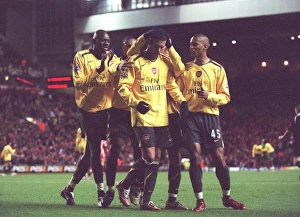 Liverpool v Arsenal - Carling Cup Collection: Jeremie Aliadiere is congratulated by Abou Diaby and Armand Traore for setting up Julio Baptista