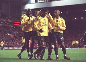 Jeremie Aliadiere is congratulated by Abou Diaby and Armand Traore for setting up Julio Baptista for Arsenals 6th goal. Liverpool 3: 6 Arsenal. Catling Cup 5th Round. Anfield, Liverpool, 9 / 1 / 07. Credit: Arsenal Football Club /