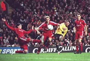 Images Dated 15th January 2007: Jermie Aliadiere (Arsenal) shoots under pressure from Sami Hyypia