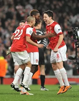 Arsenal v Barcelona 2010-11 Gallery: Johan Djourou, Gael Clichy and Samir Nasri (Arsenal) celebrate at the end of the match
