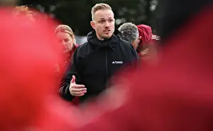Jonas Eidevall Leads Arsenal Women's Team in Post-Match Huddle Against Manchester City (2023-24)