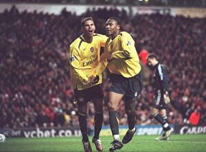 Liverpool v Arsenal - Carling Cup Collection: Julio Baptista celebrates scoring his 3rd goal Arsenals 5th with Jermie Aliadiere