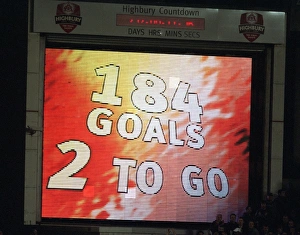 The Jumbo Tron lets Thierry Henry (Arsenal) he only needs two more goal to break Ian Wrights record The Jumbo Tron lets Thierry Henry (Arsenal) he only needs two more goal to break Ian Wrights record
