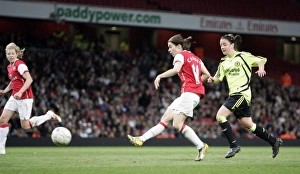 Arsenal Ladies v Chelsea 2007-8 Collection: Karen Carney scores her 2nd goal Arsenals 4th under pressure from Sophie Perry