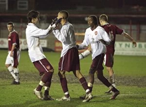 Images Dated 1st February 2008: Kieran Gibbs celebrates scoring for Arsenal with Rui Fonte and Sanchez Watt