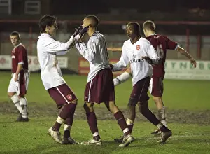 Kieran Gibbs celebrates scoring for Arsenal with Rui Fonte and Sanchez Watt