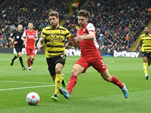 Kieran Tierney Clashes with Opponent in Watford vs Arsenal Premier League Match, 2021-22