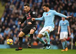 Manchester City V Arsenal 2017-18 Prints: Kolasinac vs. Walker: Premier League Showdown - A Footballing Battle at Etihad