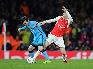 Arsenal V Barcelona 2015/16 Prints: Koscielny's Defiant Stand: Arsenal vs. Barcelona - Messi Thwarted