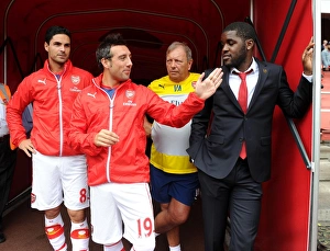 (L-R) Mikel Arteta, Santi Cazorla, Vic Akers (Kitman) and Joel Campbell (Arsenal) before the match