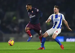 Brighton And Hove Albion V Arsenal 2018-19 Prints: Lacazette vs Stephens: Battle in the Premier League - Brighton & Hove Albion vs Arsenal FC