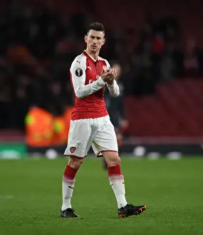 Laurent Koscielny Celebrates with Arsenal Fans after Europa League Quarterfinal Win