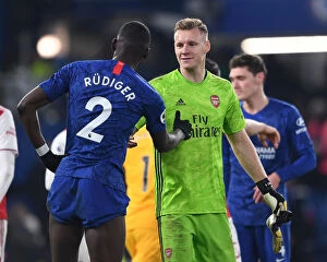 Chelsea v Arsenal 2019-20 Collection: Leno and Rudiger Share a Moment After Intense Chelsea vs. Arsenal Premier League Clash