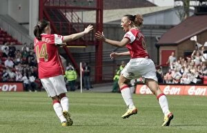 Lianne Sanderson celebrates scoring Arsenals 3rd goal with Karen Carney