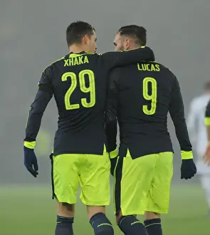 FC Basel V Arsenal 2016-17 Prints: Lucas Perez and Granit Xhaka Celebrate Arsenal's Third Goal vs