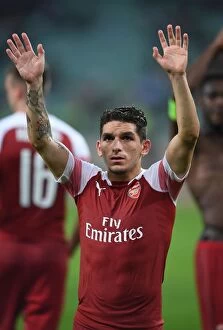 Images Dated 4th October 2018: Lucas Torreira Celebrates with Arsenal Fans after Qarabag Victory, UEFA Europa League 2018-19