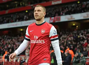 Arsenal V Cardiff City 2013-14 Prints: Lukas Podolski: Arsenal's Ready-to-Go Striker Against Cardiff City (2013-14)