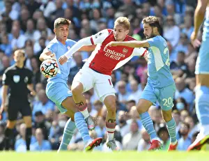 Manchester City V Arsenal 2021-22 Prints: Manchester City vs Arsenal: Emile Smith Rowe Faces Off Against Rodri and Bernardo Silva