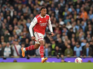 MANCHESTER, ENGLAND - APRIL 26: Gabriel Magalhaes of Arsenal during the Premier League match between Manchester City and Arsenal FC at Etihad Stadium on April 26, 2023 in Manchester, England. (Photo by David Price/Arsenal FC via Getty Images)