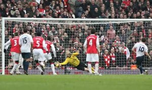 Arsenal v Tottenham 2007-8 Collection: Manuel Almunia (Arsenal) saves a penalty by Robbie Keane (Spurs)